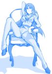  blush breasts chair character_request cleavage haruhisky high_heels highres long_hair looking_at_viewer monochrome pants shadow sketch smile spread_legs 