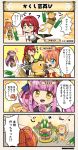  4koma :d achillea_(flower_knight_girl) bamboo blue_eyes boots breasts character_name choker circlet comic commentary_request dog dog_tags flower flower_knight_girl goggles goggles_on_head green_eyes grin hair_ribbon kadomatsu long_hair one_eye_closed open_mouth orange_hair pink_hair ponytail redhead ribbon rudbeckia_(flower_knight_girl) saw smile tagme translation_request wabisuke_(flower_knight_girl) 