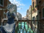  1girl aamond apron arm_rest balcony bangs between_fingers bird blue_eyes blue_skirt blue_sky blue_vest braid bridge building canal clouds cowboy_shot day fingerless_gloves gloves hair_blowing hair_ribbon handrail highres izayoi_sakuya knife leaning_on_rail looking_to_the_side maid_headdress outdoors planter puffy_short_sleeves puffy_sleeves ribbon short_hair short_sleeves silver_hair single_glove skirt sky solo touhou tress_ribbon twin_braids venice vest waist_apron wind 