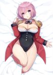  1girl :o bangs bare_legs barefoot bed_sheet black_leotard black_ribbon blush breasts cleavage collarbone commentary_request detached_collar epaulettes eyebrows_visible_through_hair fate/grand_order fate_(series) full_body groin hair_between_eyes head_tilt highleg highleg_leotard jacket large_breasts leotard long_sleeves looking_at_viewer lying mash_kyrielight neck_ribbon on_back open_clothes open_jacket parted_lips pink_hair red_jacket ribbon short_hair sleeves_past_wrists solo violet_eyes white_collar yuzu-aki 