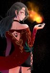  1girl artist_request black_hair cinder_fall commentary_request dress earrings fire jewelry looking_back magic nail_polish red_dress rwby solo star starry_background yellow_eyes 