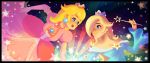  2girls bangs blonde_hair blue_dress blush breasts cleavage closed_mouth crown dress earrings elbow_gloves gem gloves hair_over_one_eye holding holding_wand jewelry jisoo_kim long_hair long_sleeves super_mario_bros. medium_breasts multiple_girls open_mouth pink_dress princess princess_peach puffy_short_sleeves puffy_sleeves rosetta_(mario) short_sleeves smile star star_earrings swept_bangs upper_body wand wide_sleeves 