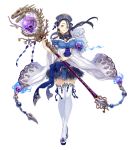  1girl bare_shoulders black_hair bone earrings frilled_skirt frills full_body fur_trim grey_eyes hat holding holding_staff jewelry jino kaguya_hime_(sinoalice) looking_at_viewer off_shoulder official_art sandals sinoalice skirt skull smile solo staff thigh-highs white_background wide_sleeves 