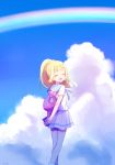  1girl arms_behind_back backpack bag blonde_hair closed_eyes clouds from_behind highres lillie_(pokemon) long_hair looking_back mei_(maysroom) open_mouth pokemon pokemon_(game) pokemon_sm rainbow shirt short_sleeves skirt sky solo white_shirt white_skirt 
