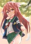  1girl brown_hair centi_mnkt crescent crescent_moon_pin finger_to_mouth green_skirt hair_ornament jacket kantai_collection kisaragi_(kantai_collection) lifted_by_self long_hair long_sleeves neckerchief panties pink_eyes pleated_skirt remodel_(kantai_collection) school_uniform serafuku skirt skirt_lift solo striped striped_panties tree underwear 