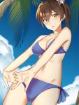  1girl bikini blue_bikini blue_sky brown_eyes brown_hair clouds crotch_seam day flower from_below gluteal_fold hair_flower hair_ornament kaga_(kantai_collection) kantai_collection looking_at_viewer outdoors pallad palm_tree short_ponytail side-tie_bikini side_ponytail sky solo stretch swimsuit tree 