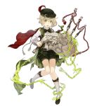  1boy bagpipes beret blonde_hair capelet chains full_body green_eyes hat highres instrument jino long_nose looking_at_viewer official_art pinocchio_(sinoalice) shorts sinoalice socks solo stitched_mouth stitches transparent_background 