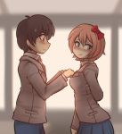  1boy 1girl arm_behind_back artist_name blue_eyes blurry blurry_background blush bow brown_hair buttoning commentary couple doki_doki_literature_club embarrassed english_commentary eyebrows_visible_through_hair hair_between_eyes hair_bow hetero highres looking_away love piesarts pink_hair profile protagonist_(doki_doki_literature_club) red_bow sayori_(doki_doki_literature_club) school_uniform short_hair smile sweatdrop team_salvato yellow_eyes 