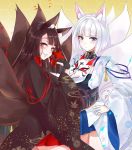  2girls akagi_(azur_lane) animal_ears azur_lane bangs black_hair blue_eyes blue_skirt blunt_bangs blush breasts brown_hair choker cleavage closed_mouth eyebrows_visible_through_hair eyeshadow fox_ears fox_tail gloves hand_on_hip head_tilt highres holding honeycomb_(pattern) honeycomb_background japanese_clothes kaga_(azur_lane) large_breasts long_hair looking_at_viewer makeup mask misaki_(pixiv30645085) multiple_girls multiple_tails parted_lips partly_fingerless_gloves pleated_skirt red_eyes red_skirt rigging shikigami short_hair skirt smile tail tareme tassel thighs white_hair wide_sleeves 
