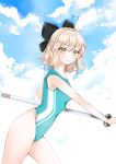  absurdres ahoge alternate_costume blonde_hair blue_sky blue_swimsuit bow breasts clouds competition_swimsuit cowboy_shot day eyebrows_visible_through_hair fate/grand_order fate_(series) hair_between_eyes hair_bow hand_on_hilt highres looking_to_the_side medium_breasts okita_souji_(fate) okita_souji_(fate)_(all) one-piece_swimsuit outdoors sheath short_hair sky smile striped striped_swimsuit swimsuit sword unsheathing weapon yellow_background yukineko1018 