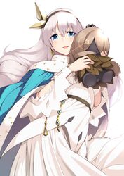  1girl anastasia_(fate/grand_order) blue_eyes blush crown dress eyebrows_visible_through_hair fate/grand_order fate_(series) grey_hair hair_between_eyes hair_ornament hairband highres holding leaf_hair_ornament long_hair mini_crown nejime royal_robe solo very_long_hair white_dress 