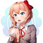  1girl :3 blue_eyes blush bow commentary cookie doki_doki_literature_club english_commentary eyebrows_visible_through_hair food food_on_face hair_bow heart heart_in_eye highres natsuki_(doki_doki_literature_club) open_mouth pink_hair red_bow sasoura sayori_(doki_doki_literature_club) school_uniform short_hair solo symbol_in_eye upper_body 