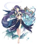  1girl anklet aqua_eyes barefoot fins frills full_body hands_on_own_chest harp instrument jewelry jino long_hair midriff music navel ningyo_hime_(sinoalice) official_art purple_hair sailor_collar singing sinoalice solo transparent_background very_long_hair water 