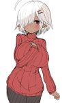  1girl ahoge breasts commentary dark_skin hair_ornament hair_over_one_eye hairclip large_breasts looking_at_viewer malice-chan_(malice_stella) malice_stella original pointy_ears red_eyes red_sweater ribbed_sweater short_hair simple_background sketch solo sweater white_background white_hair 