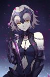  1girl armor armored_dress bare_shoulders breasts chains fate/grand_order fate_(series) fur_trim gauntlets grey_hair headpiece holding holding_sword holding_weapon jeanne_d&#039;arc_(alter)_(fate) jeanne_d&#039;arc_(fate)_(all) looking_at_viewer medium_breasts navel navel_cutout short_hair smile solo sword weapon xueding yellow_eyes 