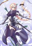 1girl armor armored_boots armored_dress black_ribbon blonde_hair boots braid fate/grand_order fate_(series) flag flagpole flower hair_ribbon headpiece highres holding holding_sword holding_weapon jeanne_d&#039;arc_(fate) jeanne_d&#039;arc_(fate)_(all) lily_(flower) long_braid long_hair purple_legwear ribbon shukuzaki single_braid solo sword thigh-highs very_long_hair violet_eyes weapon 