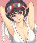  1girl armpits arms_up black_hair blue_eyes breasts cleavage collarbone commentary_request goggles goggles_on_head japanese_clothes koyori large_breasts light_smile lips maou_alba miko sengoku_ace sengoku_blade short_hair solo 