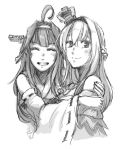  2girls ahoge artist_name bare_shoulders blush braid closed_eyes closed_mouth crown dated detached_sleeves double_bun dress french_braid greyscale grin hair_between_eyes hairband headgear hug japanese_clothes jewelry kantai_collection kongou_(kantai_collection) long_hair looking_at_viewer mini_crown monochrome multiple_girls necklace off-shoulder_dress off_shoulder ribbon-trimmed_sleeves ribbon_trim simple_background smile teeth upper_body warspite_(kantai_collection) white_background yamada_rei_(rou) 