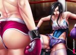  2girls alternate_costume armpits ass back bare_shoulders black_hair blue_eyes blue_swimsuit boxing boxing_gloves boxing_ring boxing_shorts breasts caitlyn_(league_of_legends) cleavage collarbone covered_navel crop_top facing_another from_behind large_breasts league_of_legends lord_dominik multiple_girls open_mouth short_shorts shorts stool sweat sweating swimsuit tank_top thigh-highs thighs tired wet white_tank_top 