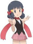  1girl alternate_hair_length alternate_hairstyle bangs bare_arms bare_shoulders black_shirt blue_hair bow bracelet breasts closed_mouth cowboy_shot eyebrows eyebrows_visible_through_hair eyelashes facing_away hair_bow hair_ornament hikari_(pokemon) jewelry legs_apart looking_at_viewer miniskirt nyonn24 pink_skirt pokemon pokemon_(game) pokemon_dppt red_bow red_scarf scarf shirt short_hair simple_background skirt small_breasts smile solo standing tank_top tongue tongue_out white_background 