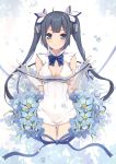  1girl 6u_(eternal_land) absurdres bangs bare_shoulders black_hair blue_hair blush bow bowtie bubble covered_navel dress dungeon_ni_deai_wo_motomeru_no_wa_machigatteiru_darou_ka eyebrows_visible_through_hair flower gloves hestia_(danmachi) highres looking_at_viewer scan shiny shiny_skin short_dress simple_background sleeveless smile solo twintails white_dress white_gloves 