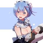  blue_eyes blue_hair blush breasts cleavage dakimakura_(object) detached_sleeves eyes_visible_through_hair flying_sweatdrops frilled_sleeves frills hair_ornament hair_over_one_eye lips maid maid_headdress medium_breasts natsuki_subaru open_mouth pillow pink_ribbon re:zero_kara_hajimeru_isekai_seikatsu rem_(re:zero) ribbon ribbon-trimmed_clothes ribbon_trim rin2010 short_hair underbust upper_body x_hair_ornament 