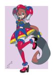  1girl adapted_costume android belt beret blush boots border breasts brown_hair dress eyebrows_visible_through_hair full_body hair_between_eyes hand_on_head hand_on_headwear hand_on_own_head hat high_heels highres iris_(rockman_x) long_hair looking_at_viewer looking_to_the_side low-tied_long_hair medium_breasts one_leg_raised open_mouth outside_border red_hat rockman rockman_x rockman_x4 signature solo standing sumomo teeth thigh-highs thigh_boots very_long_hair white_border 