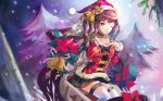  1girl :q absurdres ahoge alternate_costume bangs bell black_skirt blurry blurry_background blush breasts brown_hair choker christmas_ornaments christmas_tree eyebrows_visible_through_hair girls_frontline hand_on_own_chest haribo_kanten hat highres long_hair looking_at_viewer m14_(girls_frontline) medium_breasts one_eye_closed ribbon santa_costume santa_hat sidelocks sitting skirt smile snow snowing solo thigh-highs tongue tongue_out twintails white_legwear yellow_eyes 