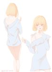  1girl artist_name ass bad_leg blonde_hair blue_eyes blue_skirt medium_hair multiple_views open_mouth original phone simple_background skirt standing white_background zdl_xiaobai 