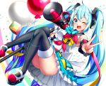  1girl ahoge balloon blue_hair bow bowtie detached_sleeves eyebrows_visible_through_hair full_body hair_between_eyes hatsune_miku headphones long_hair looking_at_viewer magical_mirai_(vocaloid) mary_janes megaphone one_eye_closed open_mouth rukinya_(nyanko_mogumogu) shoes skirt solo thigh-highs twintails v very_long_hair vocaloid white_background 