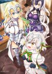  3girls :o absurdres ahoge armor armored_dress bell black_bikini_top black_gloves blonde_hair blue_eyes blush bow breasts capelet caster_(fate/zero) chains cleavage cleavage_cutout commentary_request crossed_arms elbow_gloves fate/grand_order fate_(series) fur-trimmed_capelet fur_trim gauntlets gloves green_bow green_ribbon hand_holding headpiece highres jeanne_d&#039;arc_(alter)_(fate) jeanne_d&#039;arc_(fate) jeanne_d&#039;arc_(fate)_(all) jeanne_d&#039;arc_alter_santa_lily large_breasts long_hair multiple_girls navel navel_cutout nyoon ribbon silver_hair small_breasts smile striped striped_bow striped_ribbon white_capelet yellow_eyes 