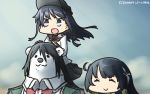  2girls ^_^ akatsuki_(kantai_collection) animalization bear black_hair box chikuma_(kantai_collection) closed_eyes commentary_request dated flat_cap hair_tubes hamu_koutarou hat highres kantai_collection long_hair mizuho_(kantai_collection) multiple_girls neckerchief school_uniform serafuku sky 