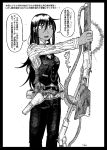  1girl belt black_hair collared_shirt colt_1851_navy commentary_request dark_skin facial_scar greyscale gun handgun henry_model_1860 highres holding holding_weapon holster holstered_weapon lever_action long_hair millipen_(medium) monochrome nagato_mikasa open_mouth original pants revolver rifle scar scar_on_cheek sheriff_badge shirt signature simple_background sling solo standing striped striped_shirt suspenders traditional_media translation_request vest weapon western white_background winchester_model_1873 