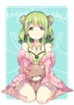  1girl breasts cleavage closed_mouth collarbone commentary dated double_bun eyebrows_visible_through_hair green_camisole green_eyes green_hair hair_ornament hair_scrunchie hairclip happy_birthday holding holding_stuffed_animal jewelry ksk_(semicha_keisuke) medium_breasts medium_hair morinaka_kazaki necklace nijisanji off_shoulder older on_floor pink_cardigan scrunchie shoulder sitting smile solo stuffed_animal stuffed_toy teddy_bear virtual_youtuber 