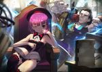  1girl 2boys armchair bangs bare_arms bare_shoulders beret black_dress black_hair black_hat black_legwear blue_eyes blurry blurry_foreground book book_stack chair clenched_teeth closed_mouth commentary_request day depth_of_field dress electricity eyebrows_visible_through_hair fate/grand_order fate_(series) hat helena_blavatsky_(fate/grand_order) in_the_face indoors lion multiple_boys nikola_tesla_(fate/grand_order) one_eye_closed open_book punching purple_hair purple_vest shirt sitting strapless strapless_dress sukocchi sunlight teeth thigh-highs thomas_edison_(fate/grand_order) tree_of_life vest violet_eyes white_shirt window 