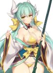  1girl adapted_costume aqua_hair bare_shoulders bikini blush braid breasts collarbone fate/grand_order fate_(series) green_eyes hair_between_eyes hair_ornament halterneck japanese_clothes jitome kimono kiyohime_(fate/grand_order) large_breasts light_smile long_hair looking_at_viewer parted_lips shiny shiny_skin sideboob silver_hair swimsuit thigh-highs thighs twintails very_long_hair white_legwear wide_sleeves yamaarashi yellow_bikini 