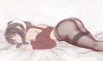  1girl artist_request ass black_hair blue_eyes bow breasts closed_mouth hair_bow large_breasts long_hair lying no_pants noihara_himari omamori_himari on_stomach panties panties_under_pantyhose pantyhose ponytail solo underwear white_bow 