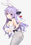  1girl absurdres ahoge alcohol animal_ears ass azur_lane bare_shoulders black_neckwear bow bowtie breasts bunny_girl bunny_tail bunnysuit cannian_dada cleavage cup drinking_glass eyebrows_visible_through_hair grey_legwear highres horn lavender_hair long_hair looking_at_viewer medium_breasts object_hug one_side_up pantyhose rabbit_ears solo stuffed_unicorn tail unicorn_(azur_lane) violet_eyes white_collar wine wine_glass wings wrist_cuffs 