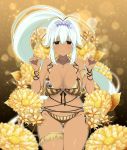  1girl bikini black_eyes breasts cleavage closed_mouth dark_skin flower hair_flower hair_ornament hair_ribbon jewelry large_breasts long_hair long_ponytail looking_at_viewer navel official_art pendant ponytail ribbon senran_kagura_(series) senran_kagura_new_wave smile solo swimsuit very_long_hair white_hair yaegashi_nan yuyaki_(senran_kagura) 