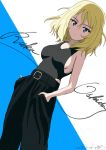  1girl artist_name bangs black_belt black_pants black_shirt blonde_hair blue_background blue_eyes bukkuri character_name commentary cowboy_shot cursive dated girls_und_panzer hands_in_pockets looking_at_viewer medium_hair messy_hair oshida_(girls_und_panzer) pants parted_lips shirt signature solo standing tank_top two-tone_background 