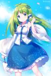  1girl artist_name baozishark bare_shoulders blue_skirt blue_sky clouds commentary dated day detached_sleeves feet_out_of_frame frills frog_hair_ornament green_eyes green_hair hair_ornament hair_tubes hand_up head_tilt highres holding kochiya_sanae long_hair long_sleeves looking_at_viewer parted_lips petticoat shirt signature skirt sky sleeveless sleeveless_shirt snake_hair_ornament solo standing touhou white_shirt wide_sleeves wing_collar 