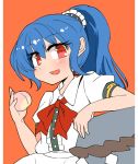  1girl blue_hair bow food fruit hinanawi_tenshi ini_(inunabe00) keystone long_hair looking_at_viewer no_hat no_headwear open_mouth peach ponytail puffy_short_sleeves puffy_sleeves red_bow red_eyes short_sleeves solo touhou 