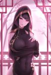  1girl black_gloves black_hair breasts covered_navel elbow_gloves gloves head_tilt hood large_breasts limeblock long_hair looking_at_viewer red_eyes solo 