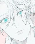  1boy blue blue_eyes crying crying_with_eyes_open expressionless eyelashes fingernails greyscale looking_at_viewer male_focus mo_cha_ri monochrome pink_background pov pov_hands short_hair simple_background spot_color tears viktor_nikiforov yuri!!!_on_ice 