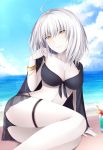  1girl adapted_costume ahoge bangle bangs beach bikini black_bikini blue_sky blush bracelet breasts cleavage closed_mouth clouds cloudy_sky cup drinking_glass drinking_straw eyebrows_visible_through_hair fate/grand_order fate_(series) jeanne_d&#039;arc_(alter)_(fate) jeanne_d&#039;arc_(fate)_(all) jewelry kanpyou_(hghgkenfany) looking_at_viewer mat ocean outdoors pale_skin short_hair silver_hair sitting sky solo swimsuit yellow_eyes yokozuwari 