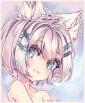  animal_ears artist_name bare_shoulders blue_eyes border collarbone eyebrows_visible_through_hair hair_ornament hairclip head_tilt highres kouriiko looking_at_viewer looking_to_the_side md5_mismatch original portrait resized short_hair smile upscaled white_hair 