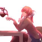  2girls absurdres artist_name blue_skirt bow brown_hair chair coffee coffee_mug coffee_pot cup doki_doki_literature_club elbows_on_table green_eyes highres long_hair looking_at_another looking_to_the_side monika_(doki_doki_literature_club) mug multiple_girls open_mouth out_of_frame pin.s ponytail pouring saucer school_uniform sitting skirt smile solo_focus speech_bubble table thigh-highs venus_symbol very_long_hair yuri 