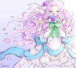  1girl bare_shoulders blush bouquet bridal_veil bride carrying dress elbow_gloves fire_emblem fire_emblem:_rekka_no_ken fire_emblem_heroes florina flower formal gloves green_eyes ippers jewelry long_hair looking_at_viewer princess_carry purple_hair rose simple_background strapless strapless_dress veil wedding_dress white_dress white_gloves 
