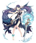 1girl anklet aqua_eyes barefoot dual_wielding eyebrows_visible_through_hair fins floating_swords full_body hand_on_own_cheek jewelry jino long_hair ningyo_hime_(sinoalice) official_art purple_hair sailor_collar sinoalice solo sword transparent_background very_long_hair water weapon 