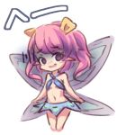  1girl absurdres chibi commentary empty_eyes english_commentary fairy fairy_wings gloom_(expression) highres koagzero long_hair looking_at_viewer pink_hair pointy_ears rabi-ribi ribbon_(rabi-ribi) simple_background solo twintails violet_eyes white_background wings 